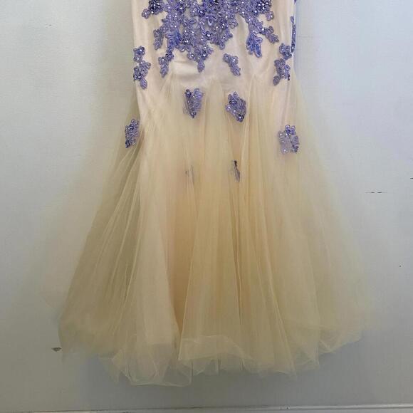 BOUBOU cream and blue hand beaded maxi tulle formal gown - Picture 2 of 7
